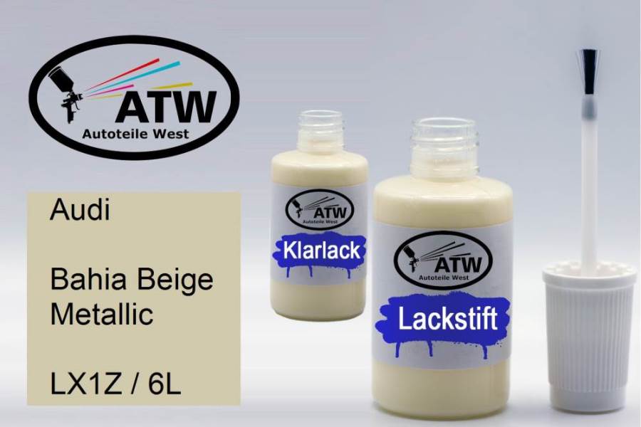 Audi, Bahia Beige Metallic, LX1Z / 6L: 20ml Lackstift + 20ml Klarlack - Set, von ATW Autoteile West.